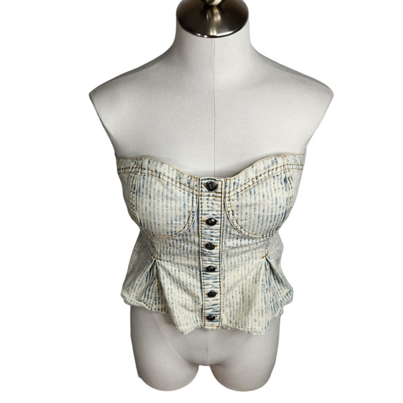 NWT Pilcro Cream and Gray Strapless Button-Down Blouse. Anthropolgie - Picture 2 of 9